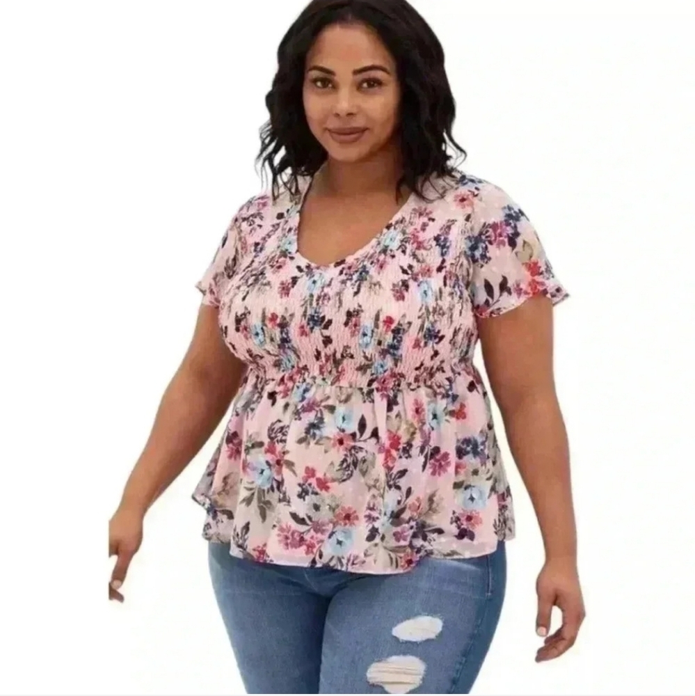 Torrid floral smocked babydoll top clip dot peasant cottage feminine 2X